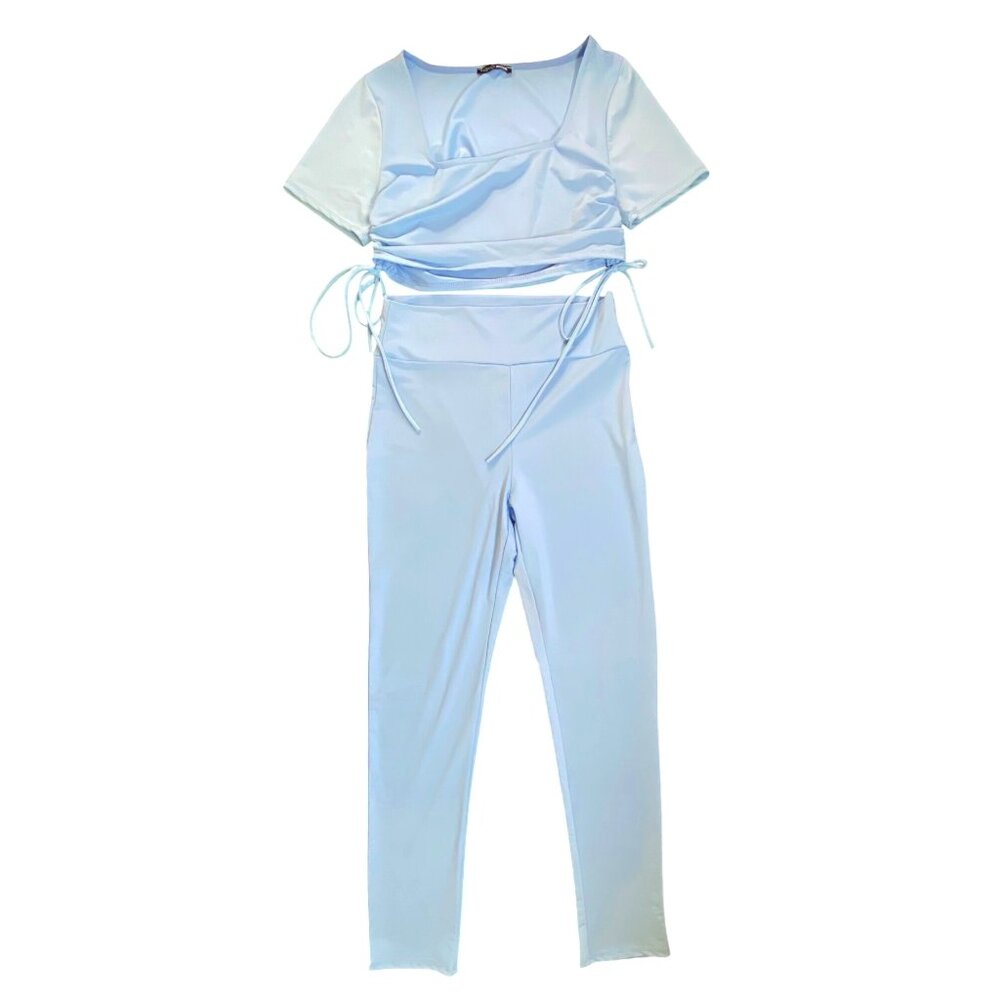 Light Blue Fashion Nova Wrap Top & Matching High-Waisted Leggings Set Size Large